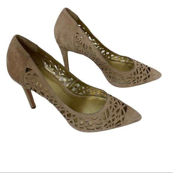 BCBG Size 9.5 Nude Tan Neutral Stiletto Heels Leather Suede Laser Cut Out - Picture 2 of 8